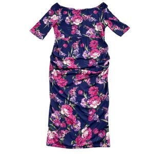 ASOS Maternity Dress US 4 Navy Purple Pink Floral Print Ruched Pencil Bodycon